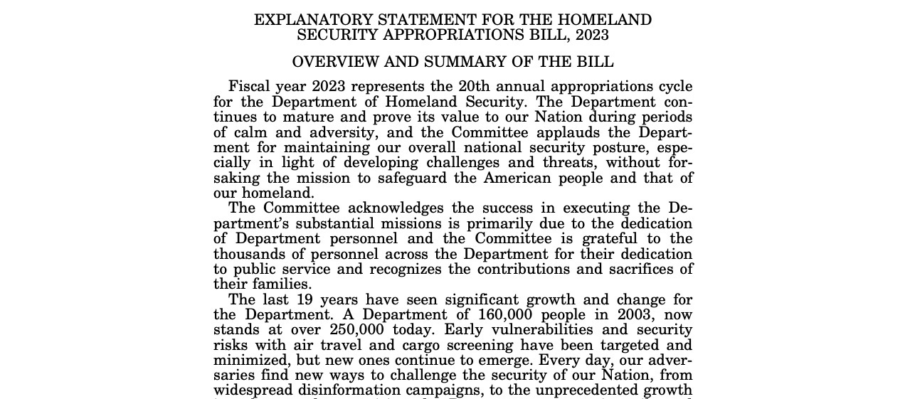 Senate Explanatory Statement for the Homeland Security Appropriations